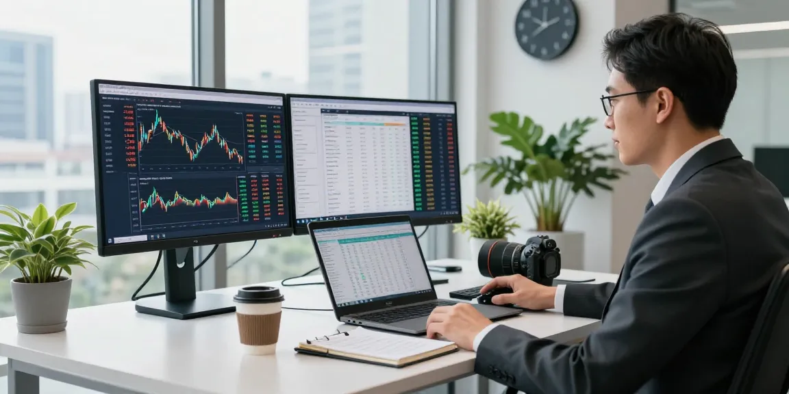 Dynamic office scene showing a professional analyzing currency exchange rates live data on multiple screens, with charts and financial tools.