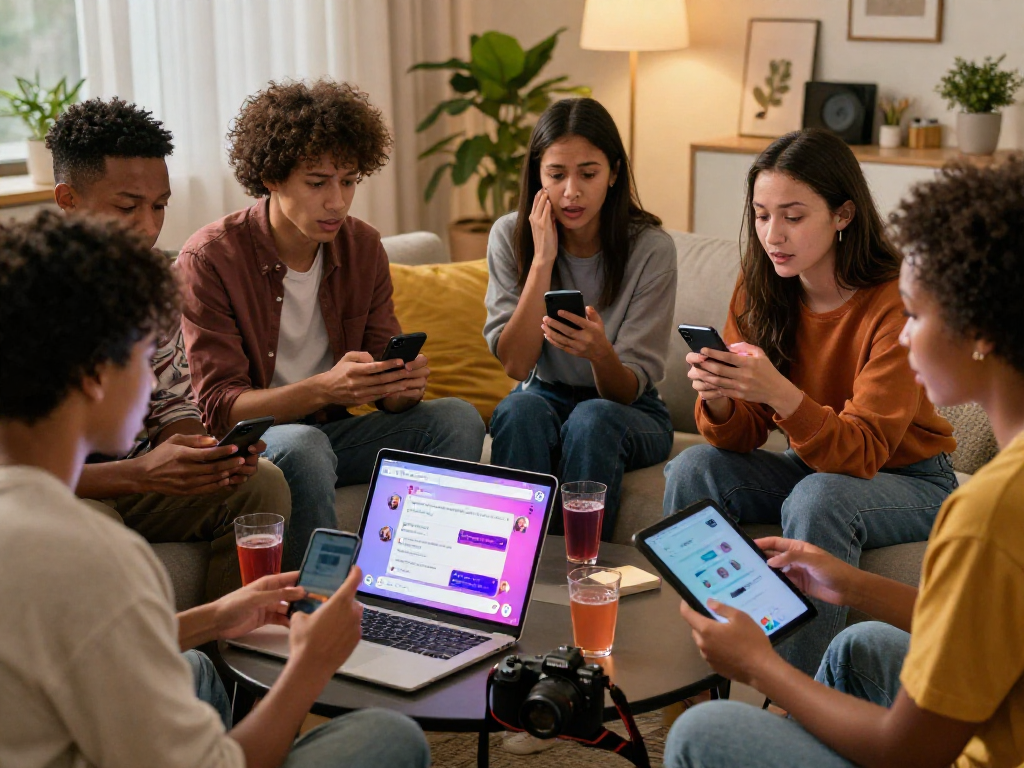 Friends engaging in a lively discussion about sex AI chat in a cozy living room.