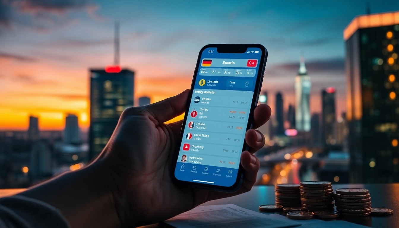 Explore the best sports betting apps India with a vibrant urban skyline in the background.