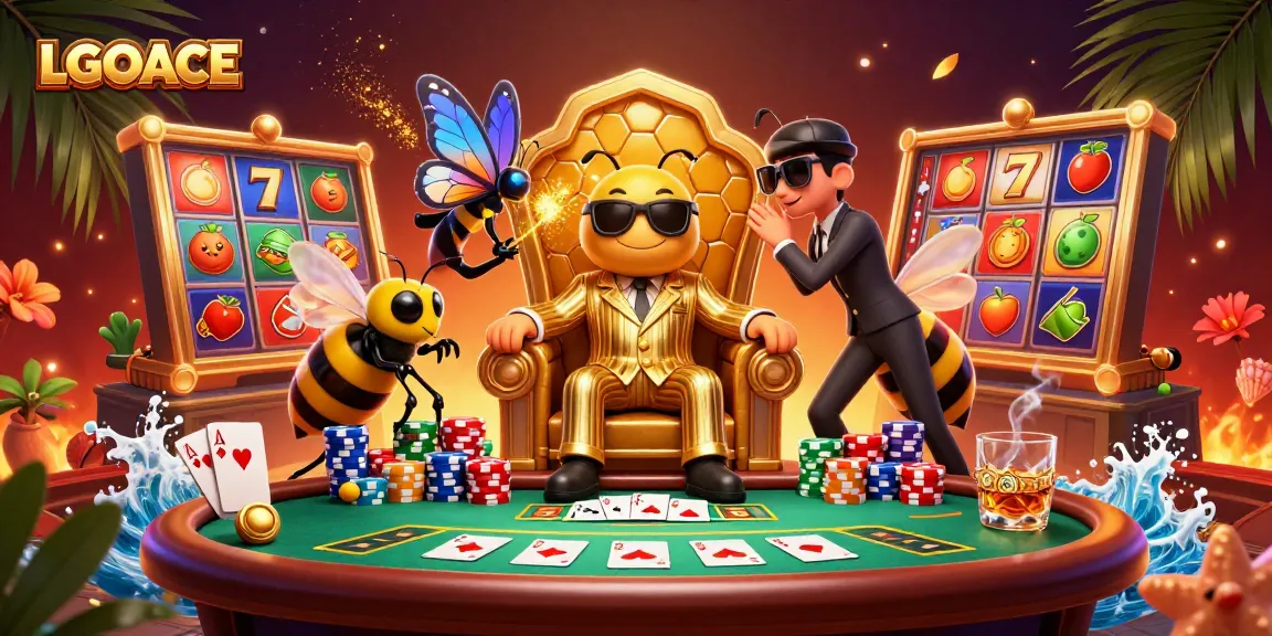 LGOACE showcases a vibrant 3D casino scene with dynamic slot reels and a bumblebee mob boss.