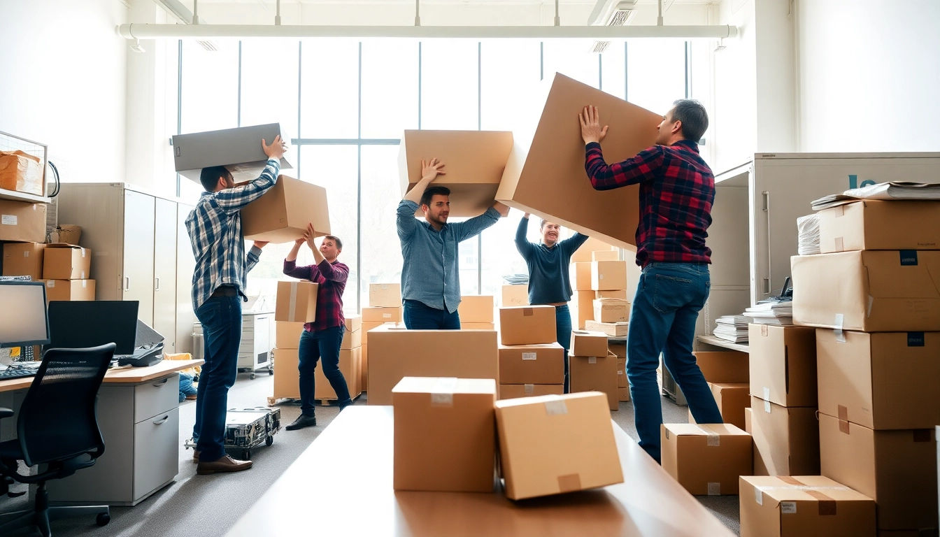 Business movers efficiently relocating office furniture in a bright office space.