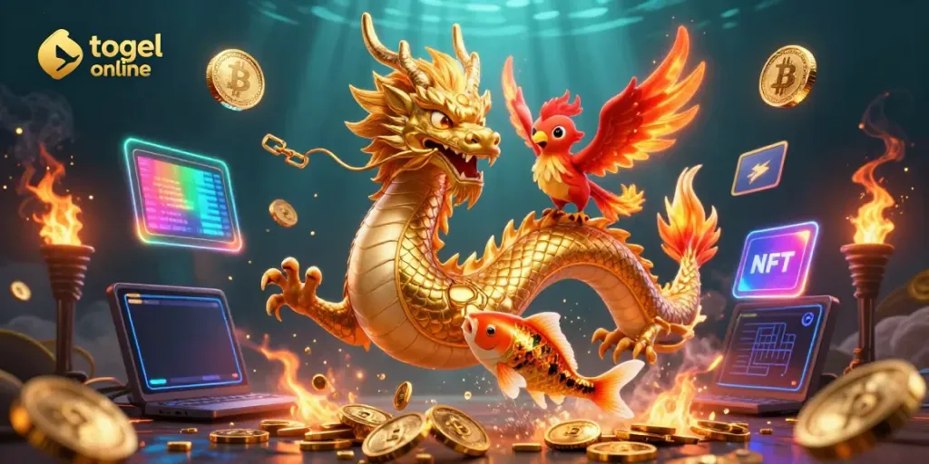 Engage in togel online action with a vibrant golden dragon and lucky koi fish illustration.