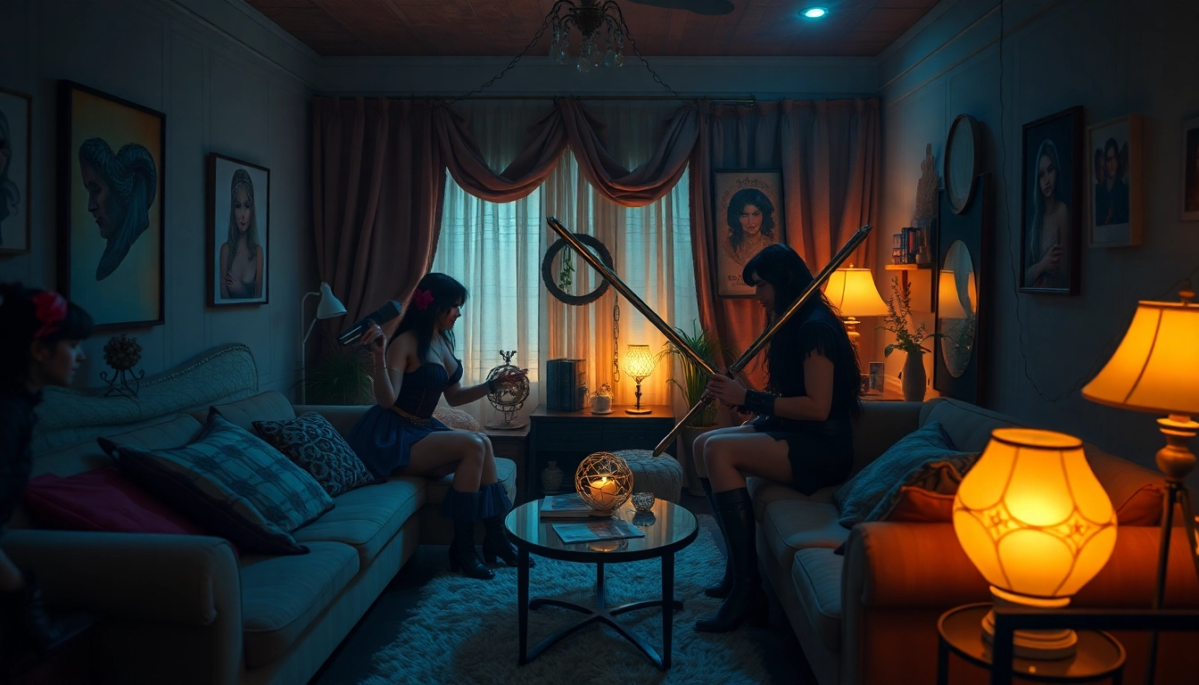 NSFW roleplay scene with couples in fantasy costumes, playful ambiance.