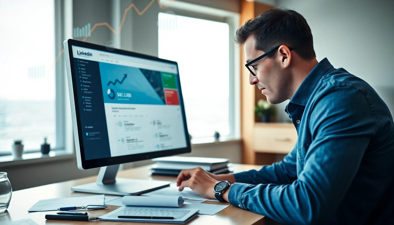 Analyze linkedin search data extraction results in a modern office with focused lighting.