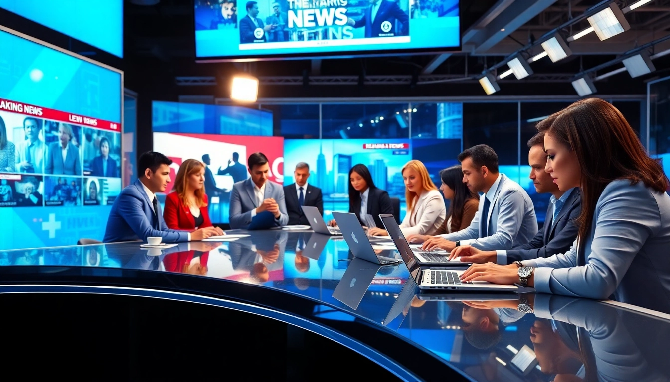 News reporters actively covering the latest headlines in a dynamic newsroom setup.