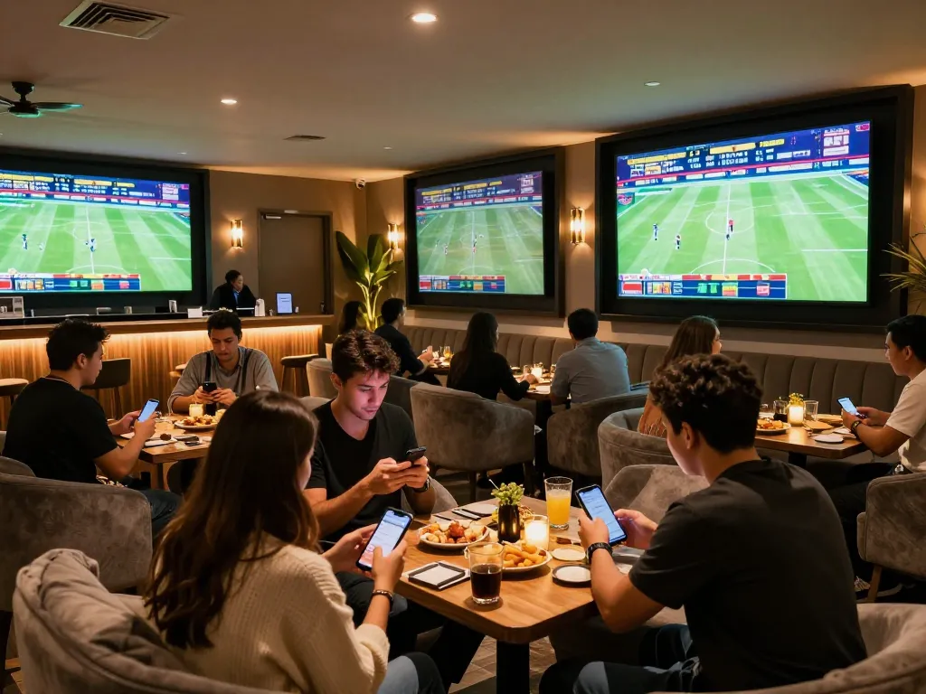 Sports betting enthusiasts analyzing kèo nhà cái while enjoying live games in a stylish lounge