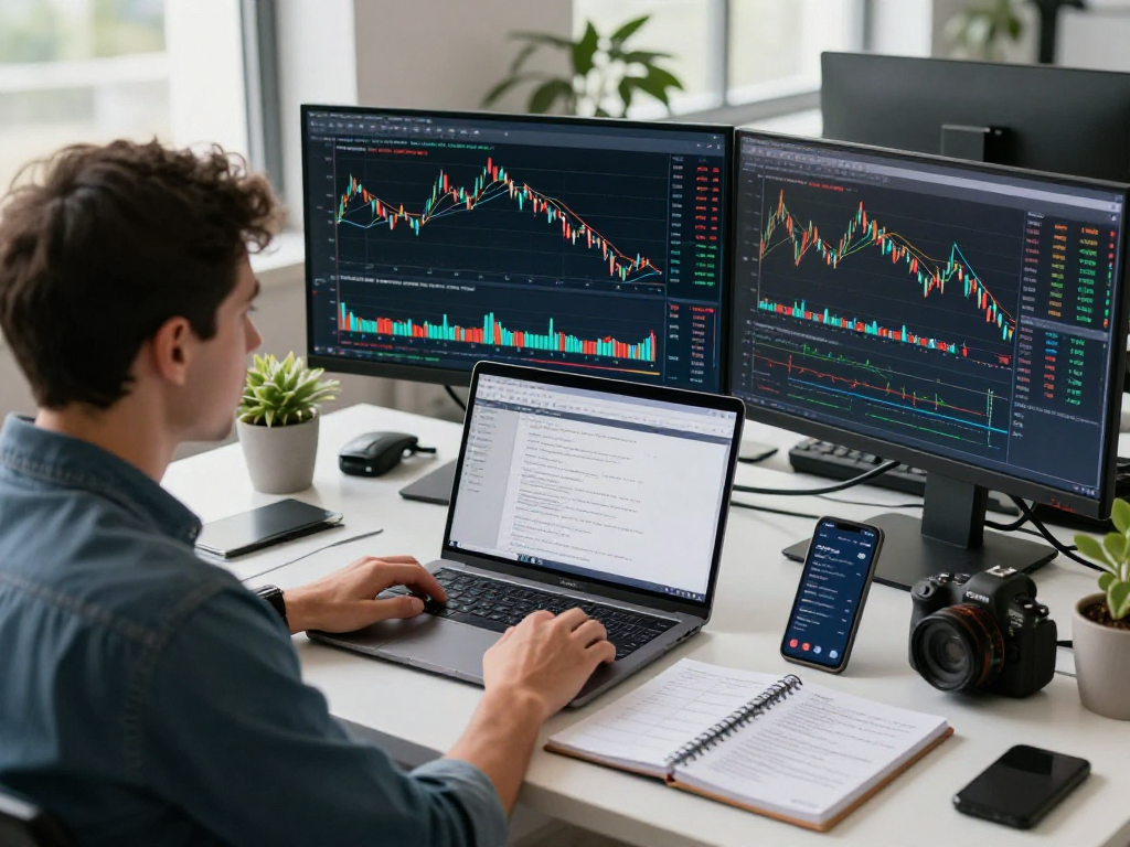 Focused trader using TradingView charts in a modern workspace for market analysis