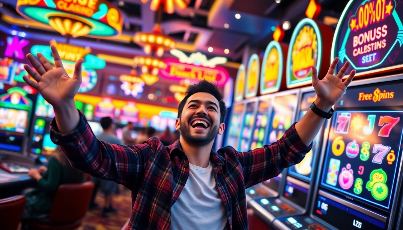 Experience the thrill of free spins bonuses with a joyful winner at a bustling casino.