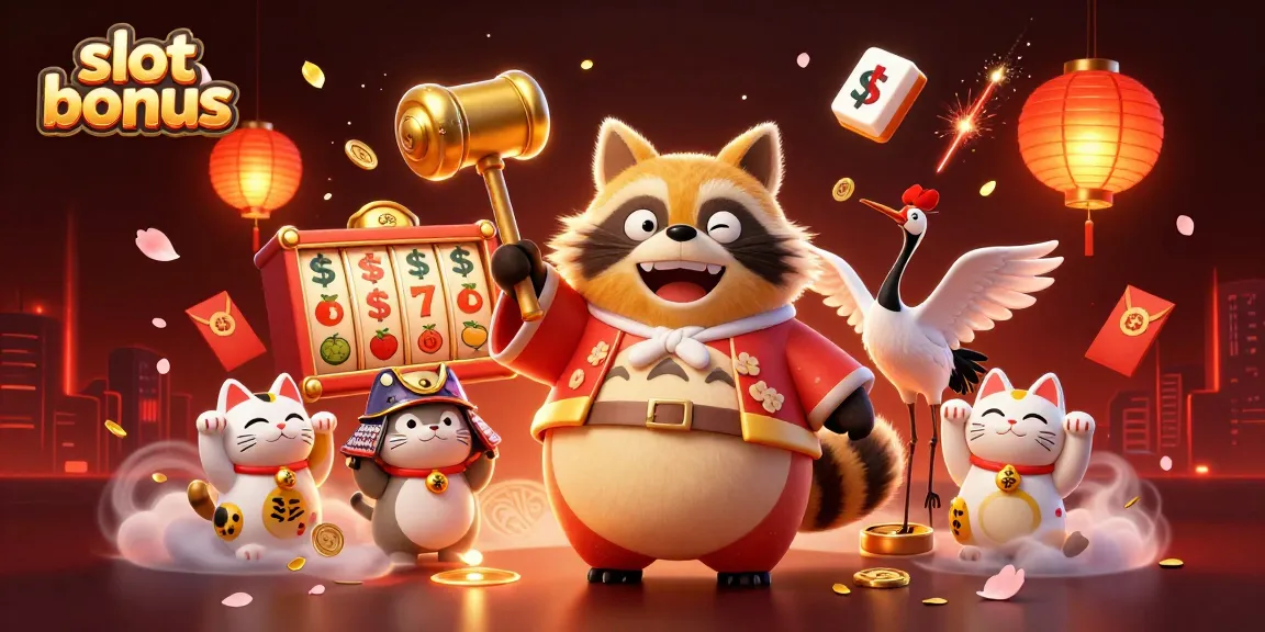 Win big with the slot bonus featuring a lucky tanuki and vibrant slot elements in 3D illustration