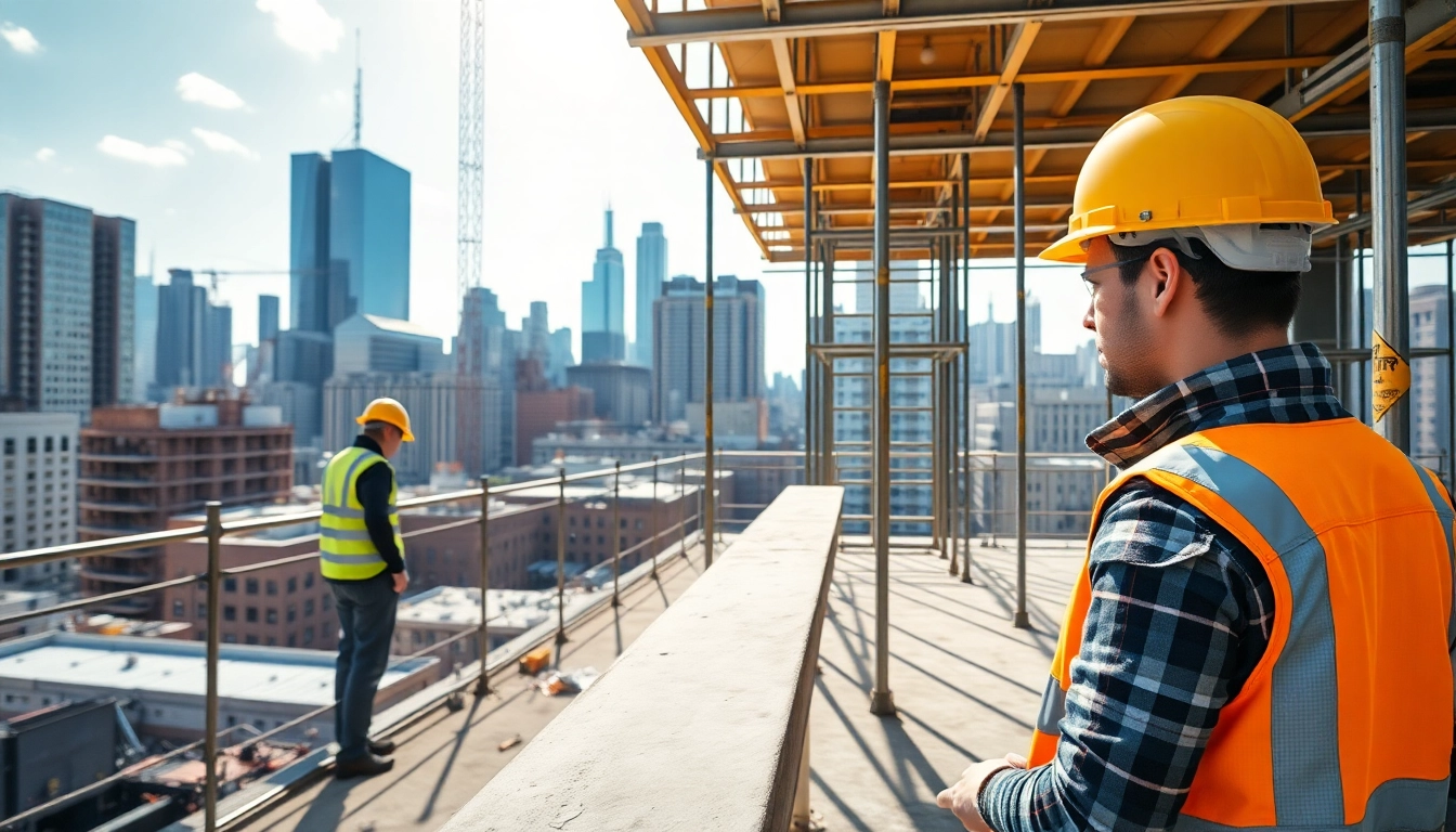 New York City Commercial General Contractor overseeing a bustling construction site with urban scenery.