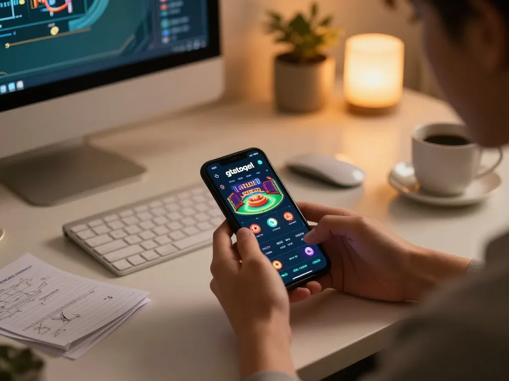 Play gtatogel on a smartphone in a cozy home office setting with strategy notes nearby