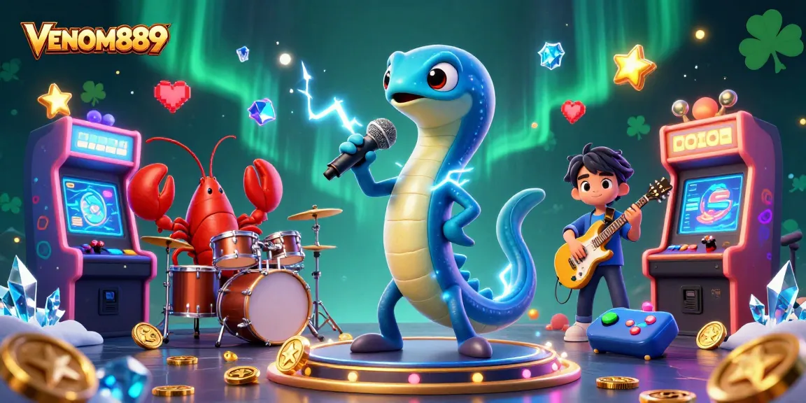 Experience VENOM889's vibrant underwater casino with an electric eel DJ and friends.