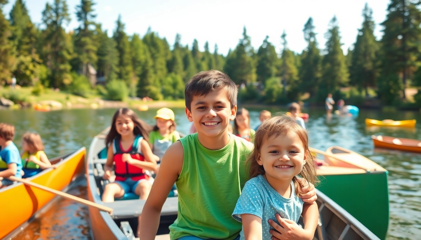 Children enjoying activities at a summer youth camp with canoeing and arts and crafts.