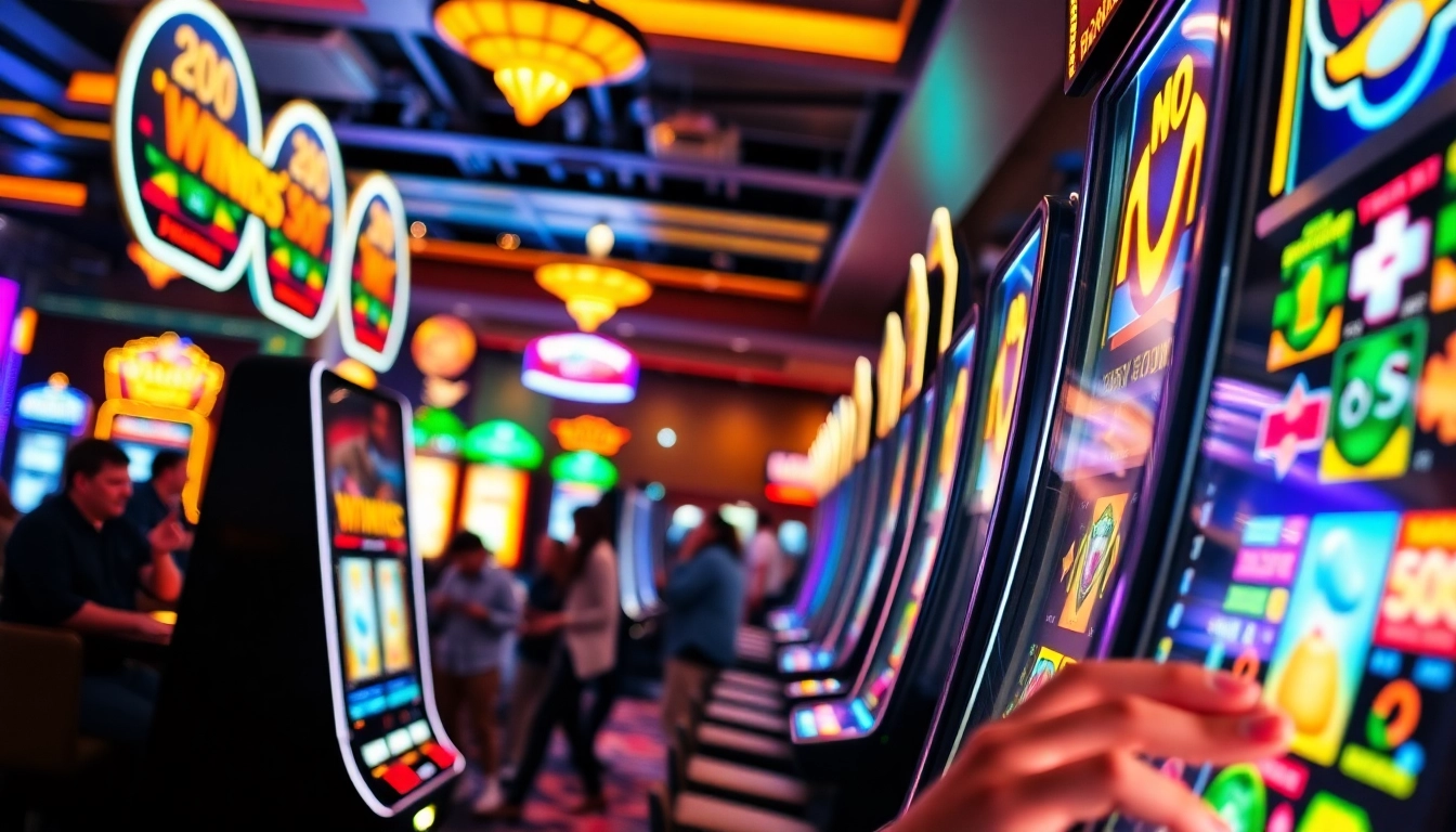 Slot gacor menampilkan pemain yang tersenyum di mesin slot modern yang ramai.