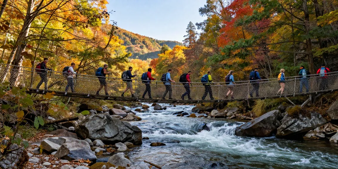 Group of hikers crossing a River Rope Bridge in autumn, showcasing outdoor adventure.