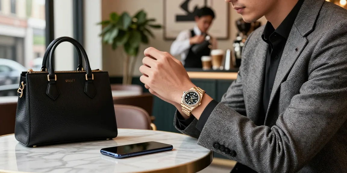 Elegant individual wearing a Rolex replica watch in a stylish cafe, showcasing luxury and sophistication.