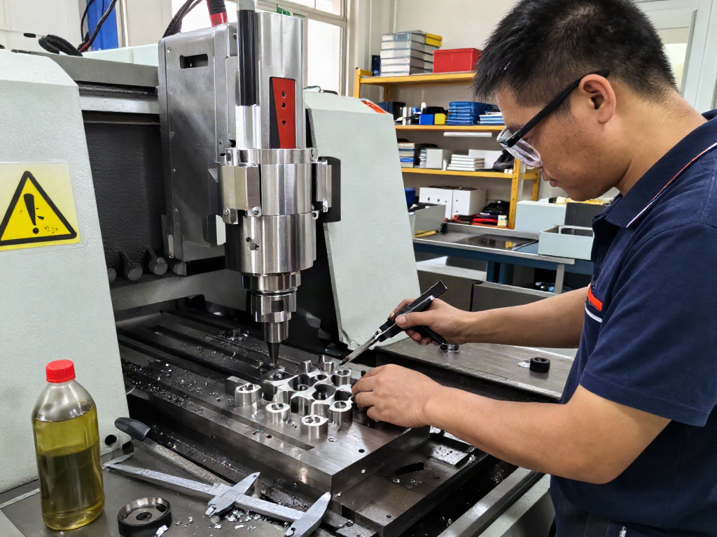 Machined stainless steel parts being crafted in a busy CNC workshop environment.