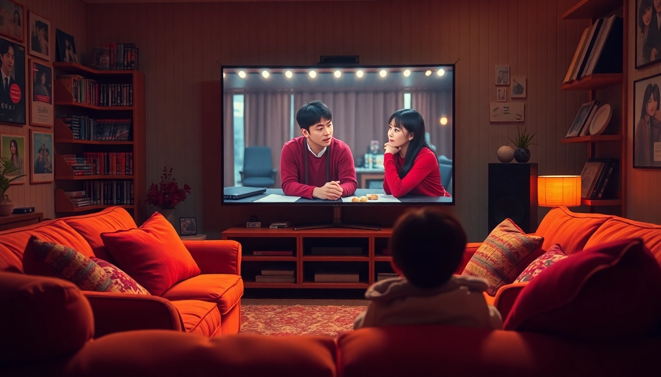 Watch Korean drama online in a cozy living room filled with DVDs and warm lighting.