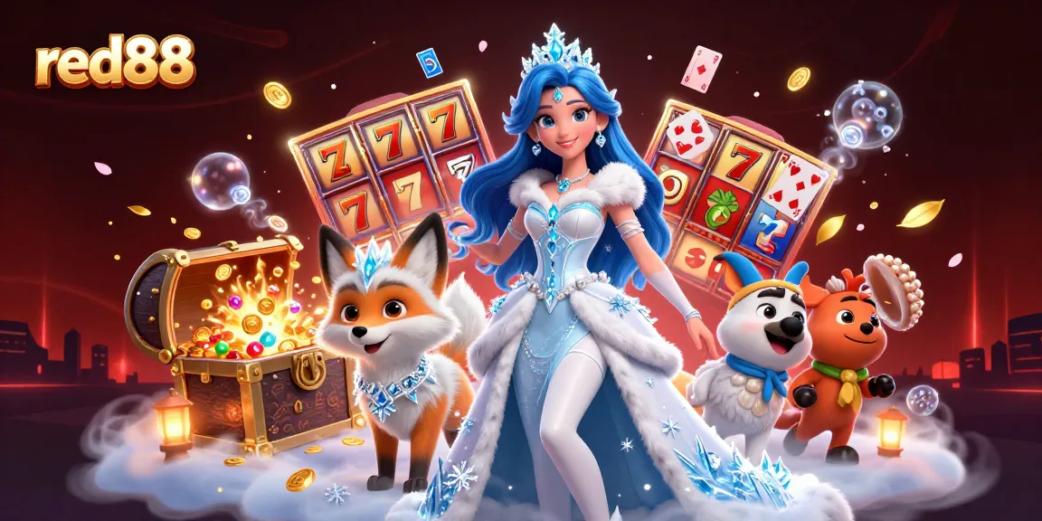 Experience thrilling gameplay at red88 with vibrant slot reels, golden treasures, and dazzling characters.