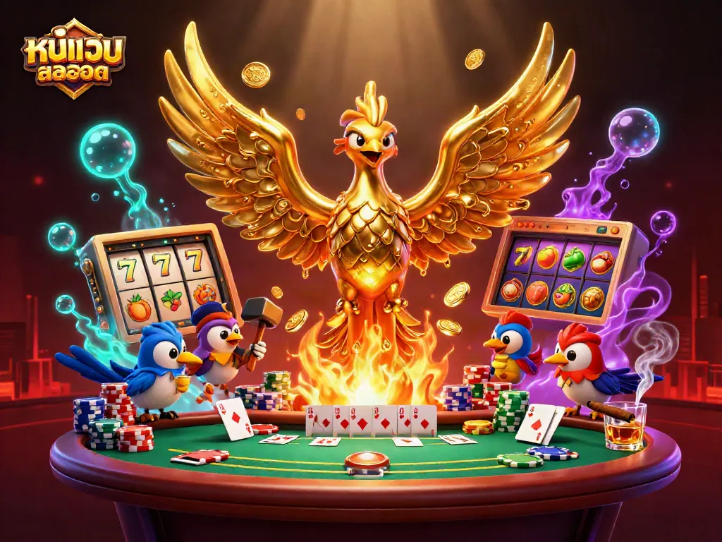 Experience excitement at หน้าเว็บสล็อต as a golden phoenix emerges from a molten forge, celebrating jackpots