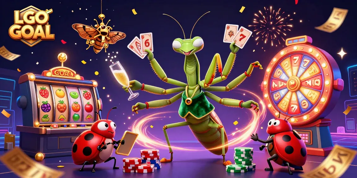 LGO GOAL showcases a giant praying mantis card sharp amidst vibrant slot reels, celebrating casino excitement!