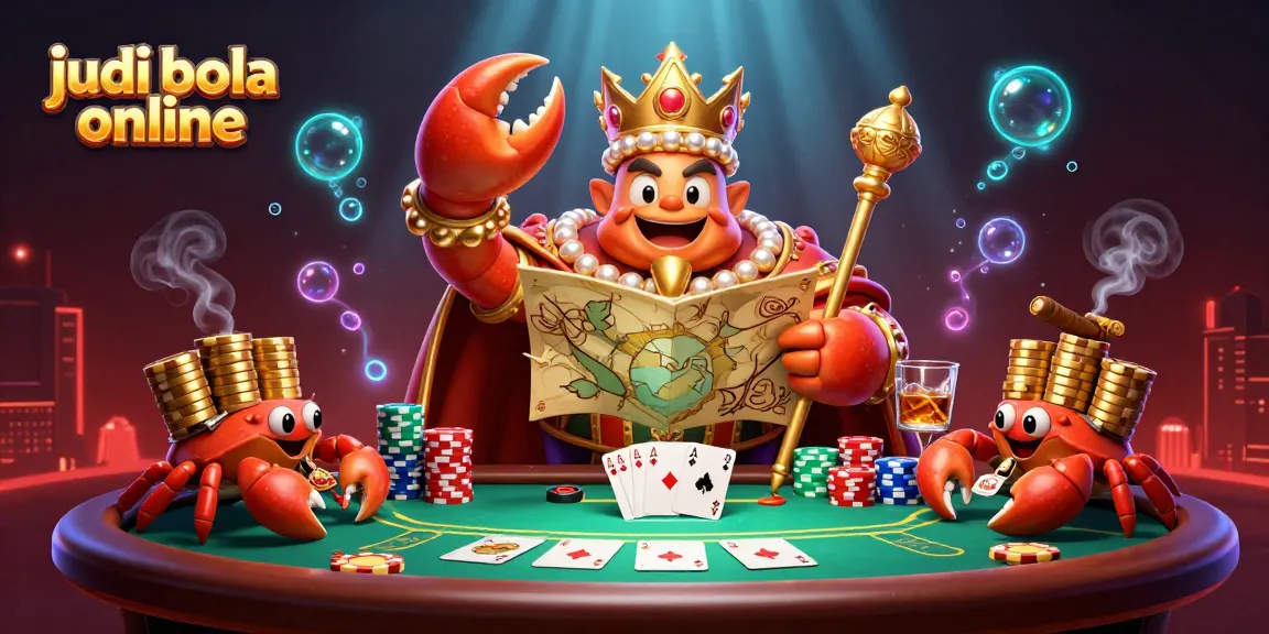 Win exciting games at judi bola online with our exclusive poker-themed illustration featuring a royal crab and golden chips.