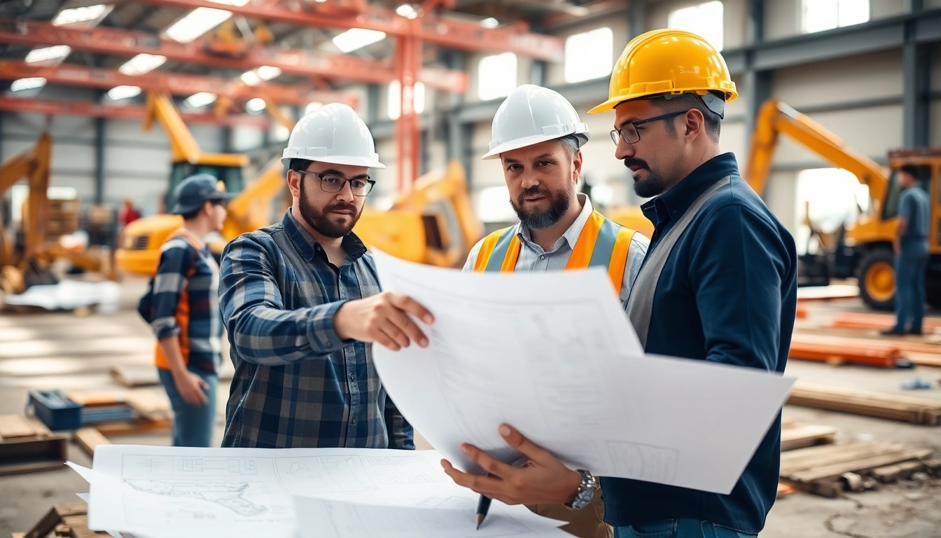 New Jersey Construction Manager pointing at blueprints during a team meeting on-site.