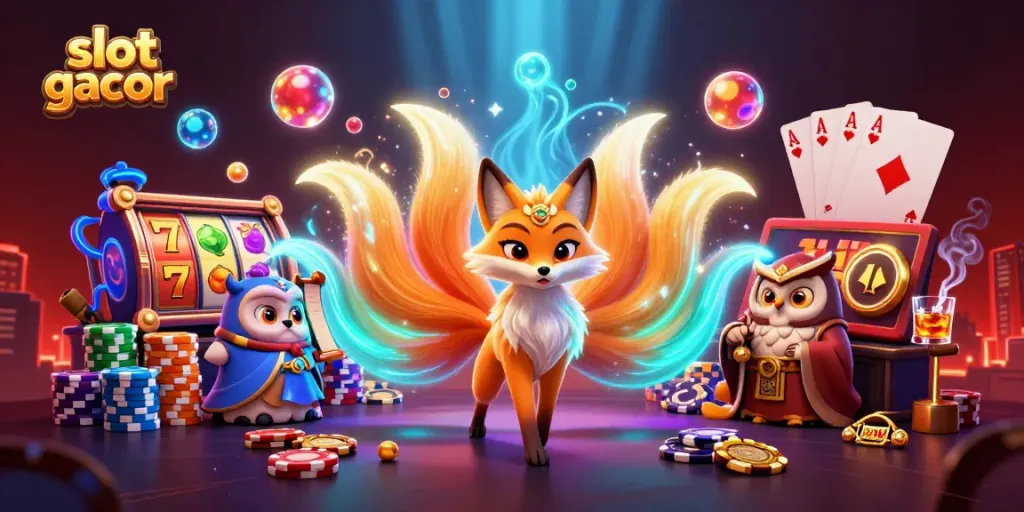 Engaging scene of slot gacor with vibrant nine-tailed fox and wise owl in a colorful casino environment.