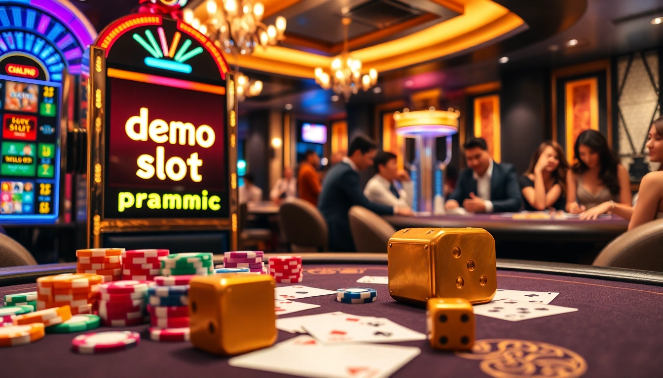 Play demo slot pragmatic with vibrant casino ambiance featuring slot machines, poker chips, and dice.