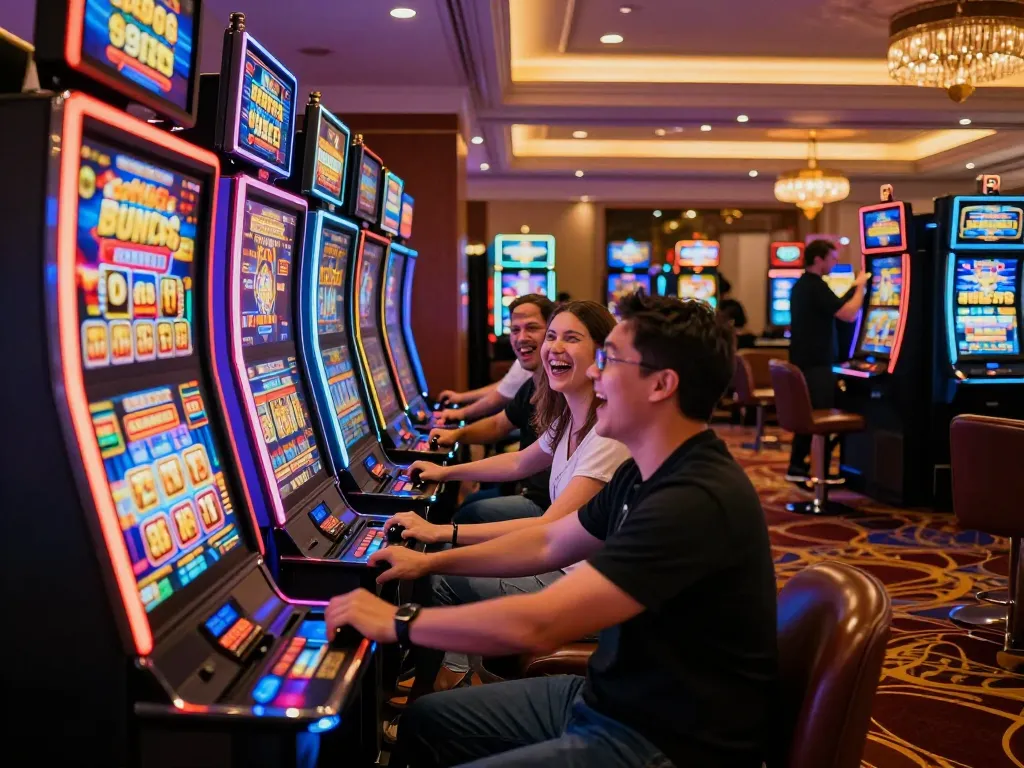 Engaging casino scene featuring players celebrating their slot bonus new member wins at colorful machines