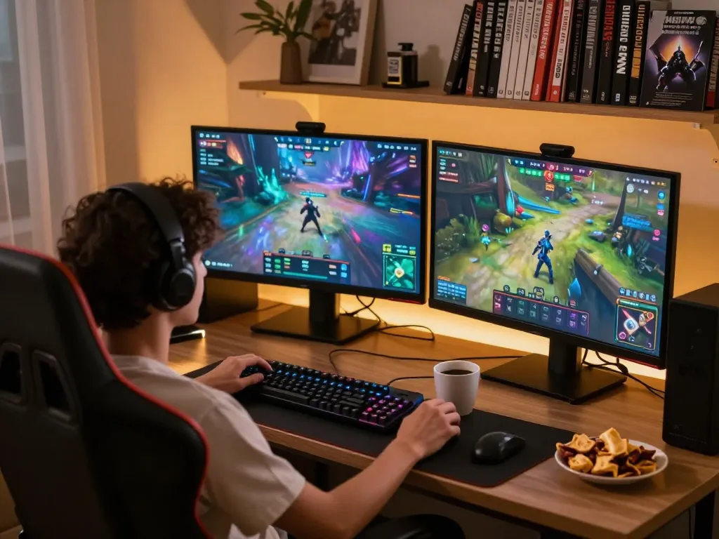 Playing immersive nsfw games on multiple screens with snacks and strategy guides around.