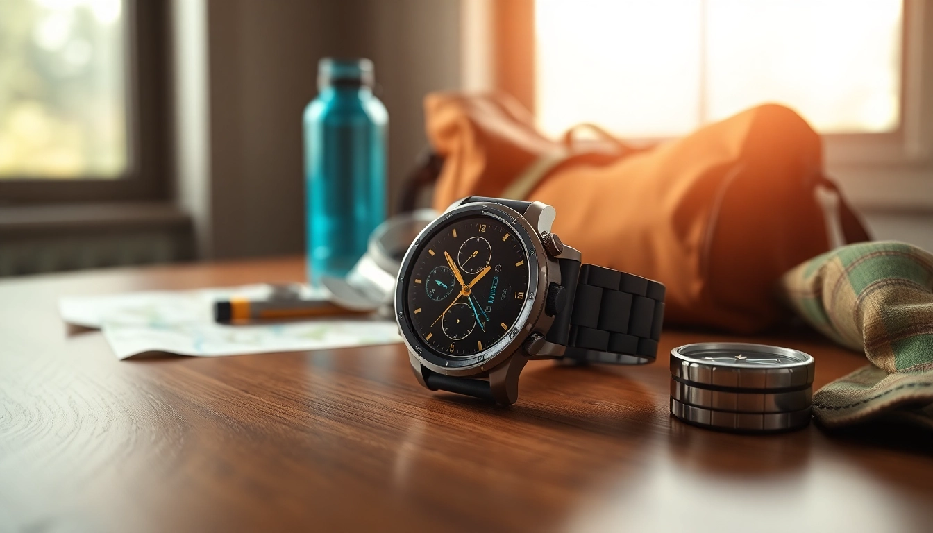 Showcase the features of the Explorer Plus GPS Smart Watch next to hiking gear.