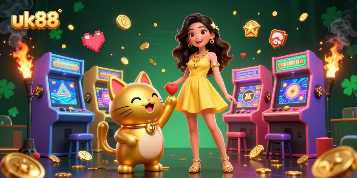 Engage with uk88's vibrant casino world featuring a cheerful Asian woman and golden lucky cat.