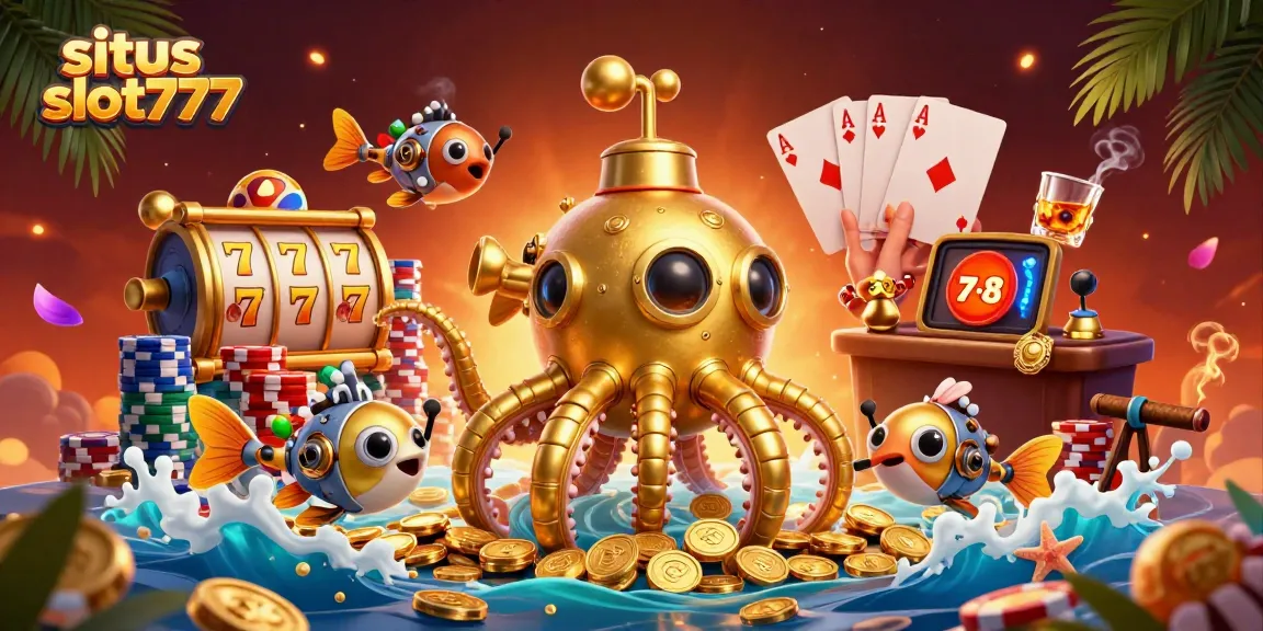 Situs slot777 showcases an engaging 3D scene with a golden kraken submarine and winning slot elements.