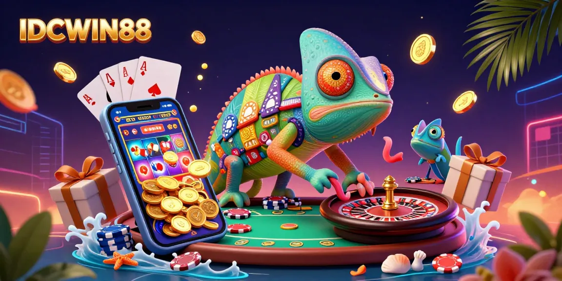 Experience thrilling gaming with IDCWIN88 in this vibrant illustration filled with slot games and golden coins.