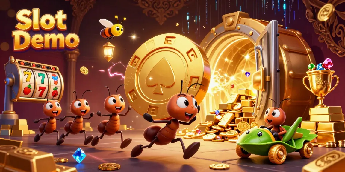 Engage in thrilling Slot Demo adventure with ants carrying a giant poker chip amid dazzling treasure.