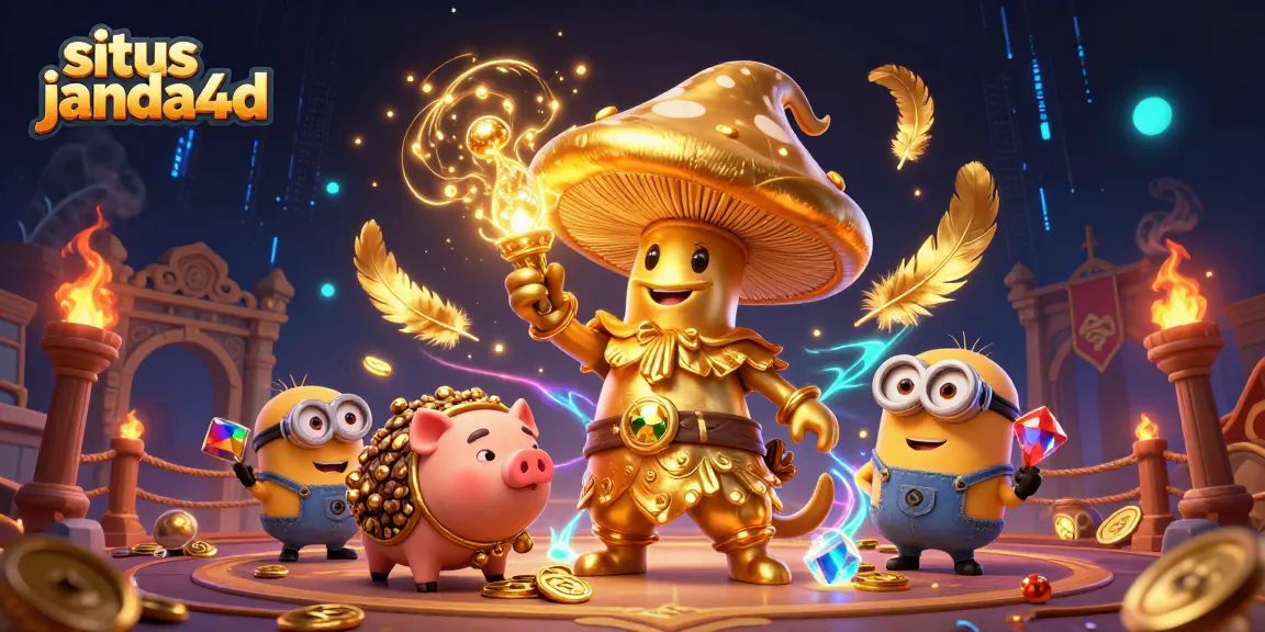 Mengungkap situs janda4d dengan wizard raksasa dan harta karun dalam ilustrasi kasino.