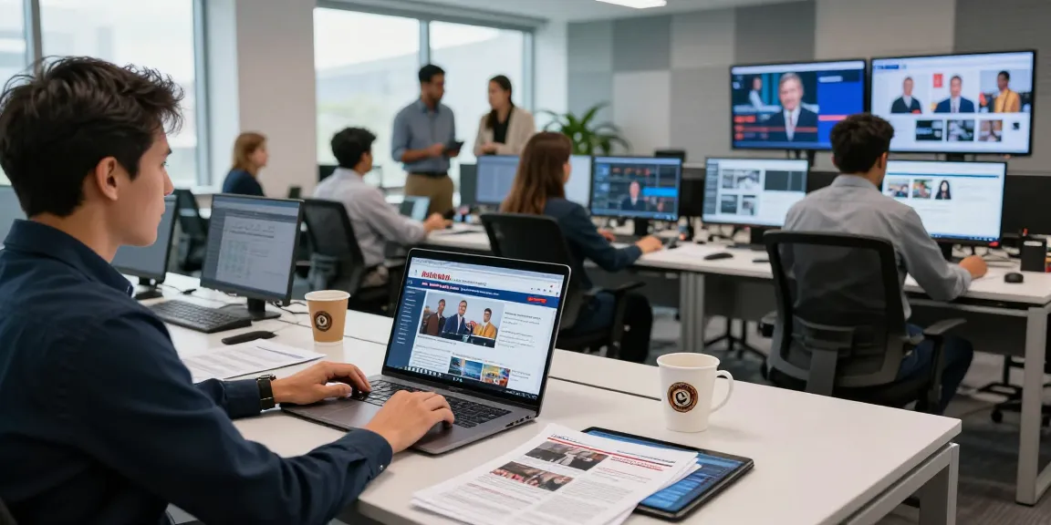 Journalists collaborating in a modern newsroom featuring live news updates from https://www.theindaily.com.
