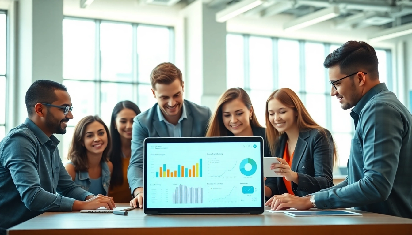 Collaborating team at a digital marketing company analyzing strategies in a professional environment.