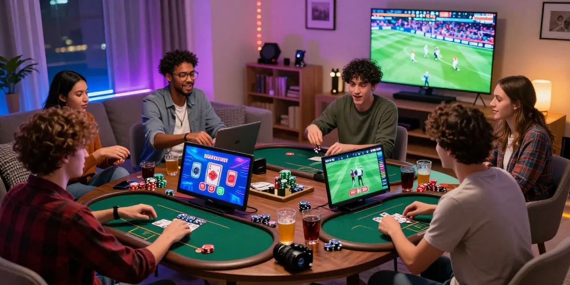 Friends enjoying a dynamic rokok88 online gambling session in a vibrant living room.