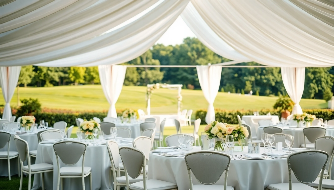 Experience beautiful Wedding Tent Chair & Table Rentals elegantly arranged for outdoor occasions.