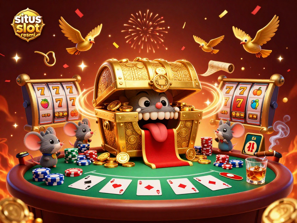Engage with situs slot resmi through vibrant 3D illustration showcasing slots, adventurous characters, and casino elements.