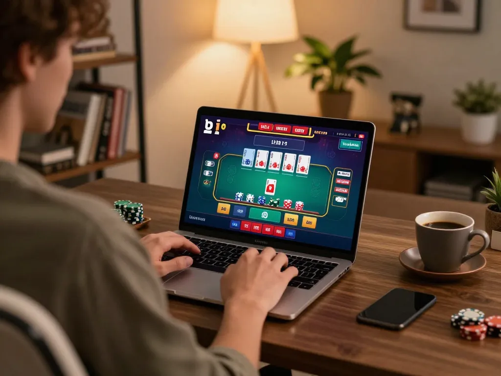 Engaging rr88bet gameplay on a laptop in a stylish home office, showcasing live dealer blackjack interaction