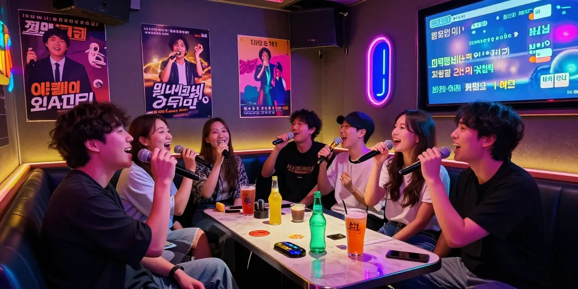 Vibrant karaoke night at https://www.magic4karaoke.com/, friends enjoying singing and drinks in a lively Jeju setting.