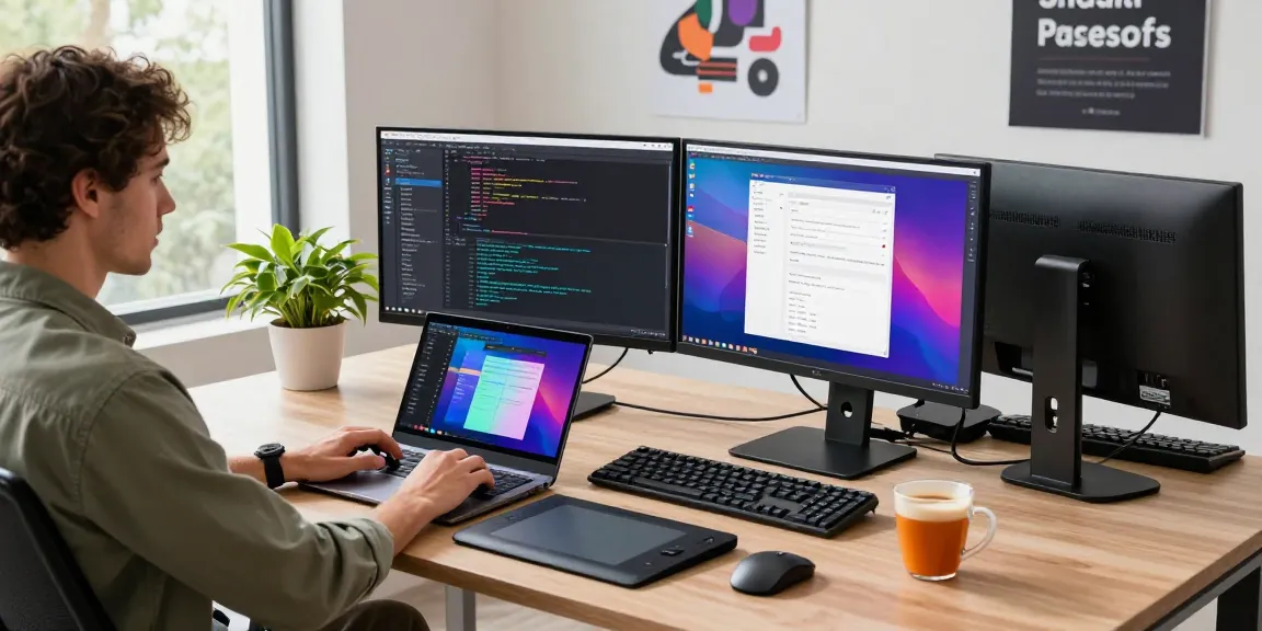 Innovative workspace for software development featuring snipaste官网, dual monitors displaying code, and greenery.
