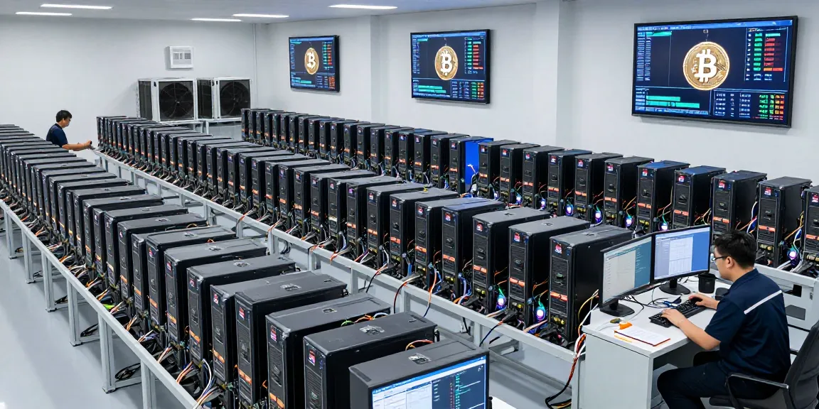 Bitcoin mining farm with ASIC miners and digital monitors showing real-time statistics in a modern facility.