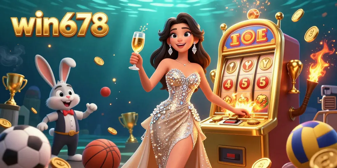Join the excitement at win678 with a glamorous woman celebrating beside a jackpot slot machine.