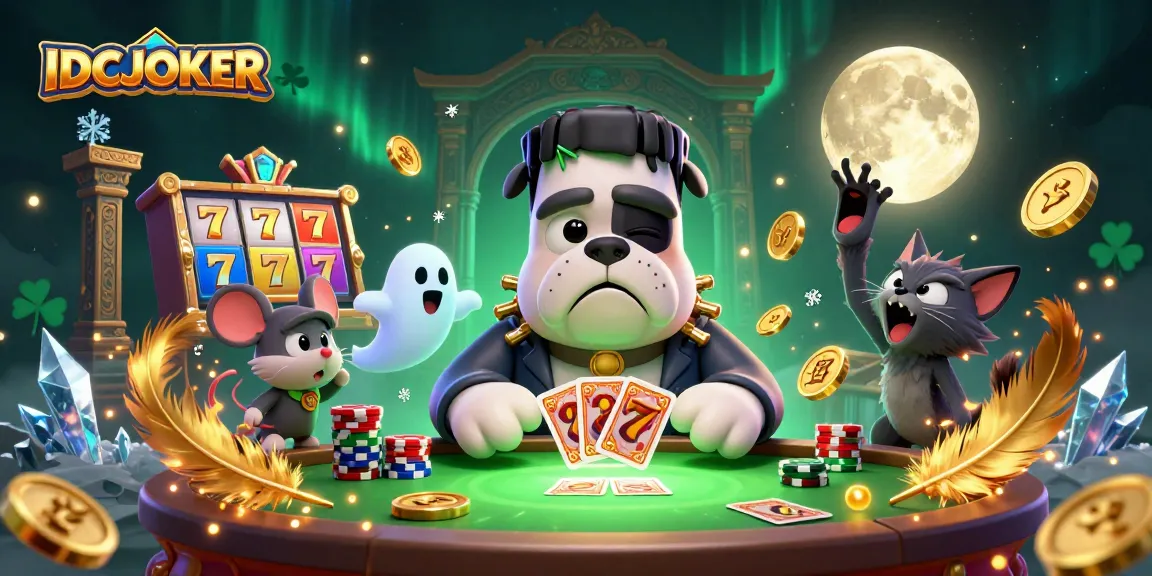 IDCJOKER casino characters engage in a fun card game at a vibrant, dynamic table.