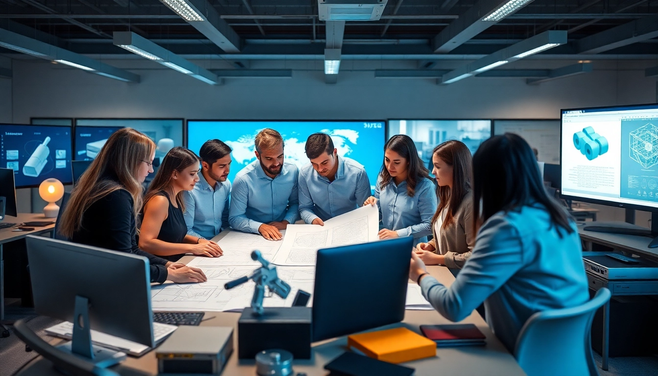 Design and engineering team collaborating in a bright office to create innovative designs.