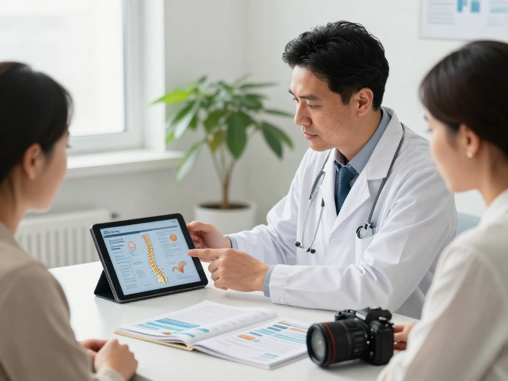 Patient consultation on Dar kanal ameliyatı with a surgeon in a modern medical office, showcasing spine diagrams and patient care.